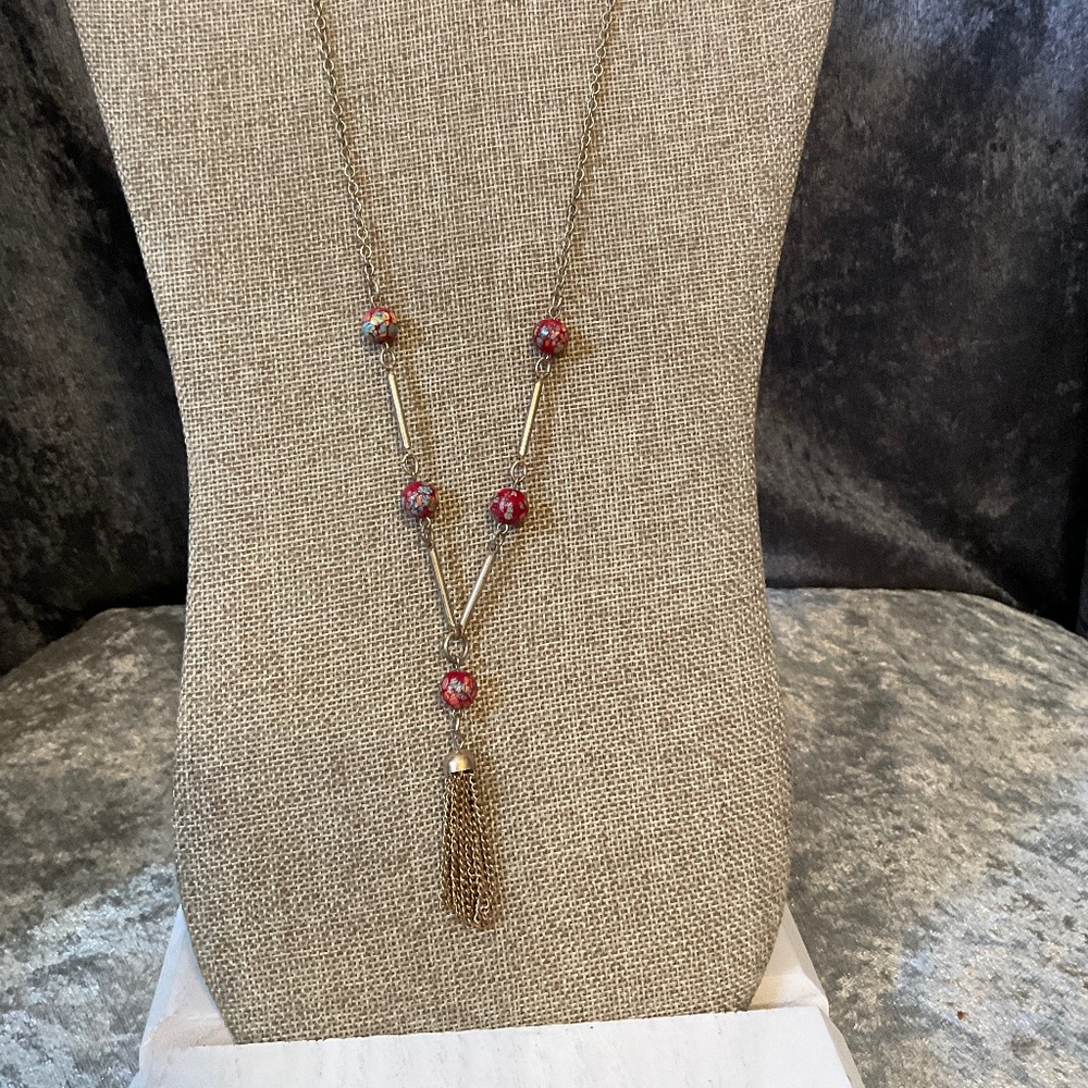 Vintage Sarah Coventry Red Glass Bead Necklace with Tassel